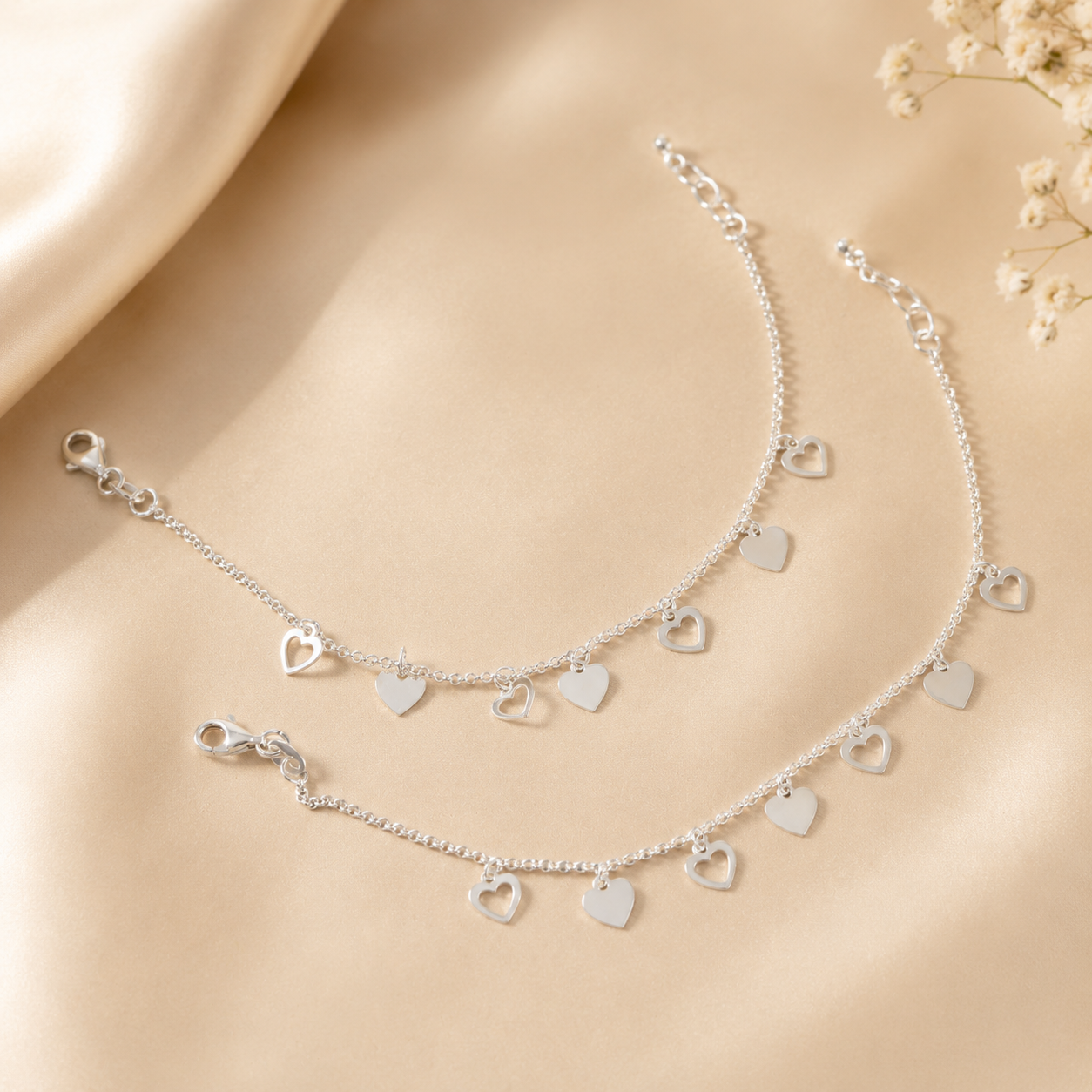 Heart Charm Silver Anklets
