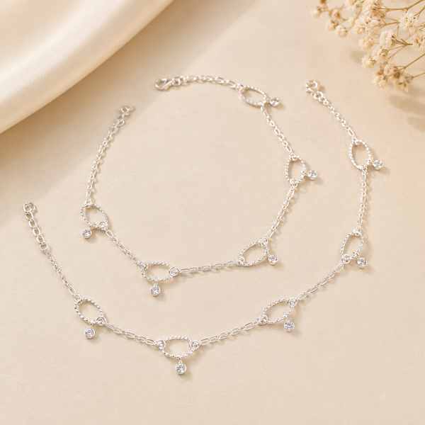 Radiant Oval Charm Silver Anklets