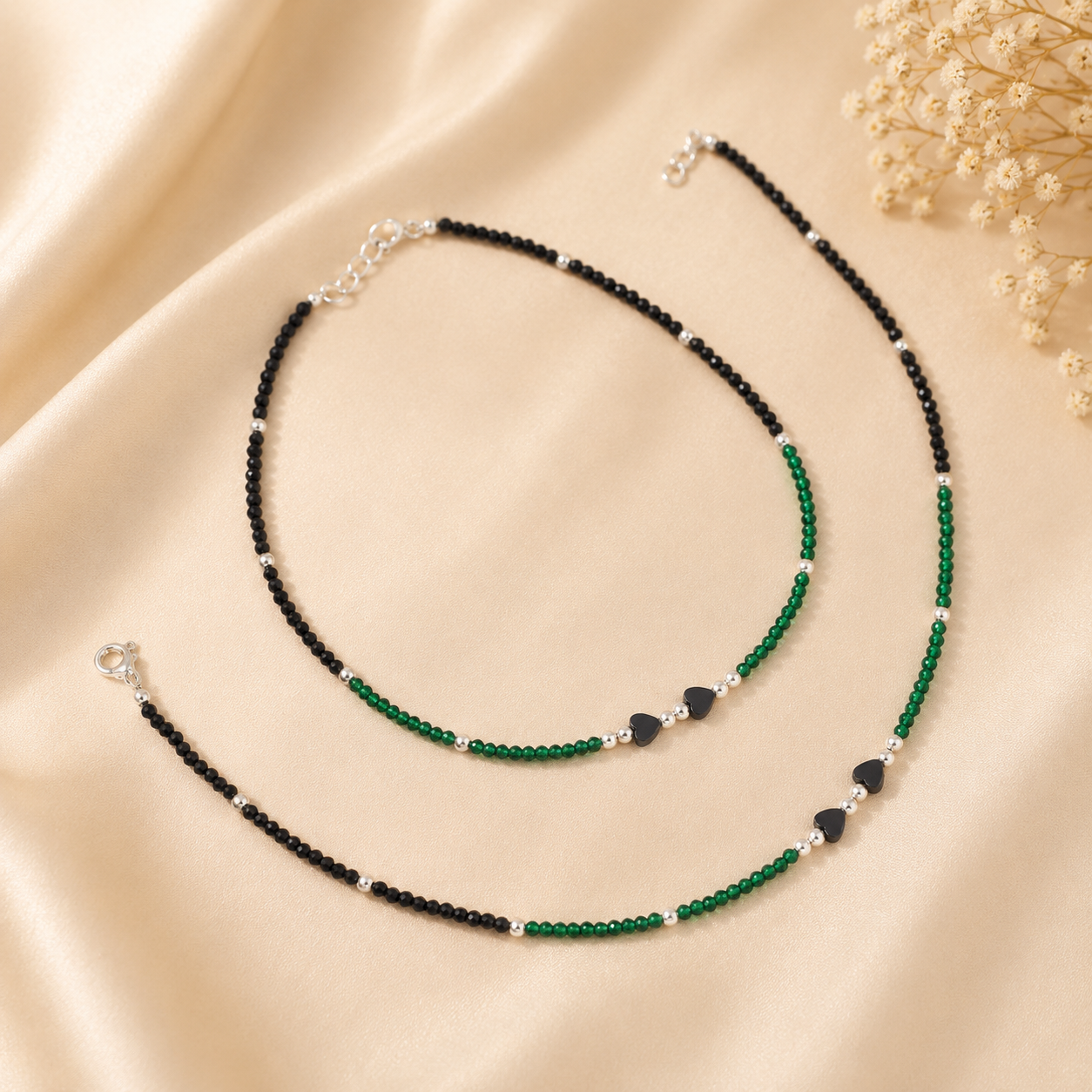 Green & Black Beaded Silver Anklets