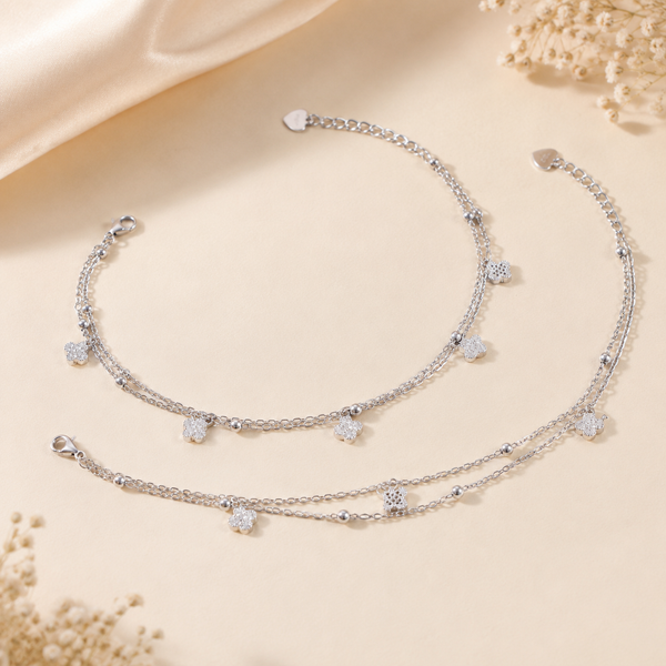 Floral Clover Silver Anklets