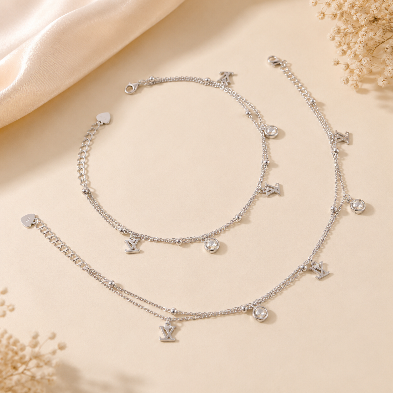 Crystal Monogram Silver Anklets
