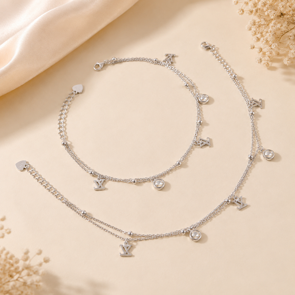 Crystal Monogram Silver Anklets