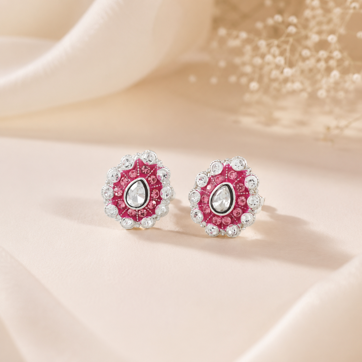 Pink Floral Stone Silver Toe Rings