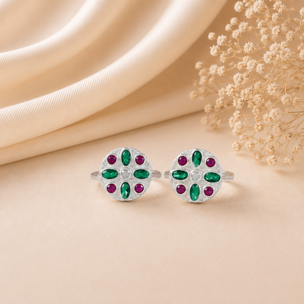Green & Pink Stone Silver Toe Rings