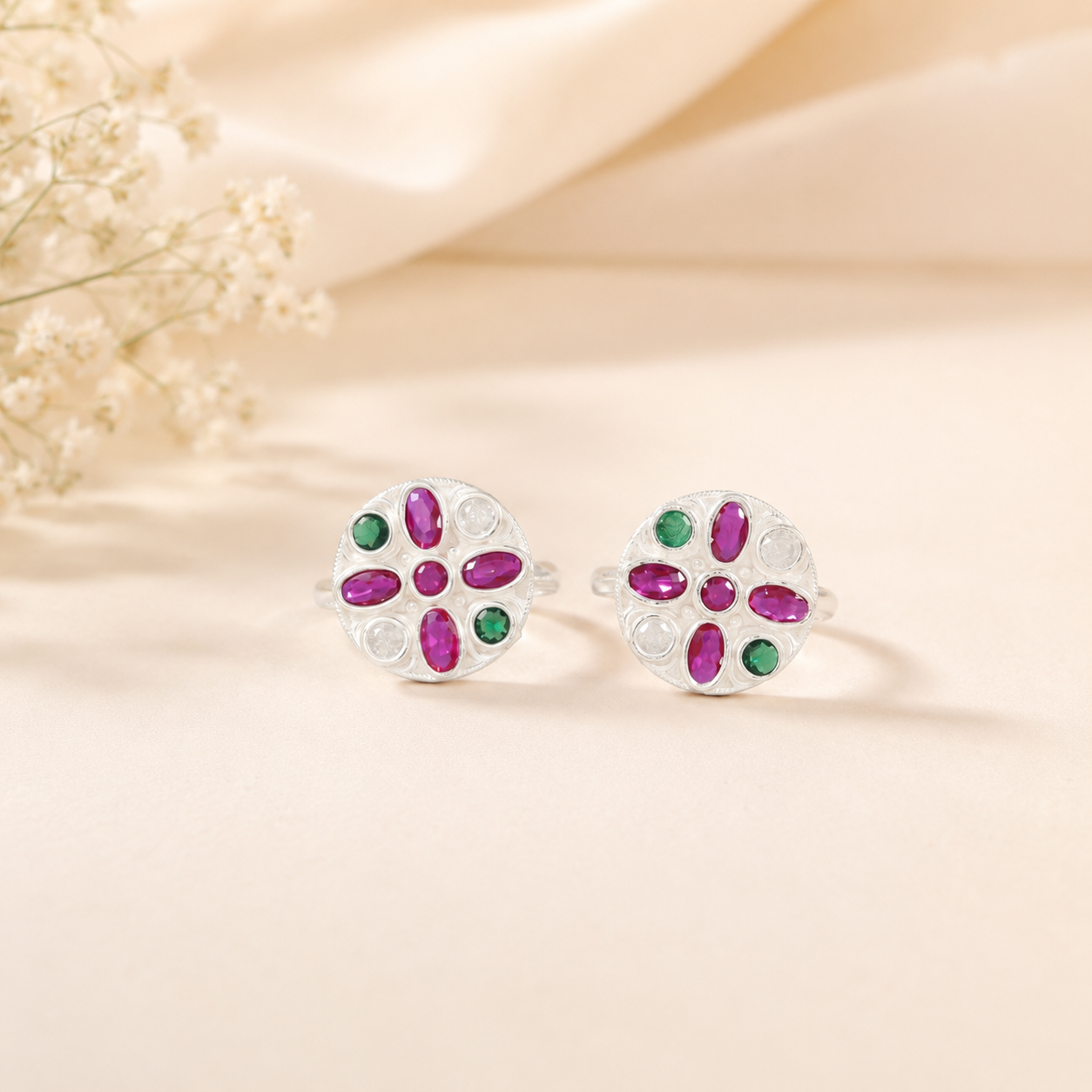 Floral Multistone Silver Toe Rings