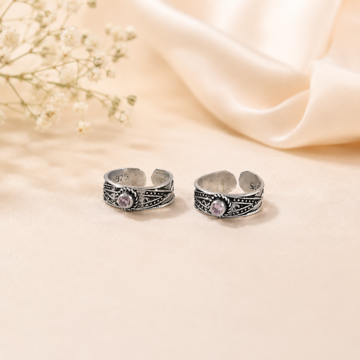 Oxidized Pink Stone Silver Toe Rings