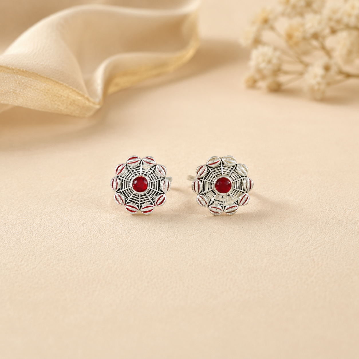 Ruby Petal Silver Toe Rings