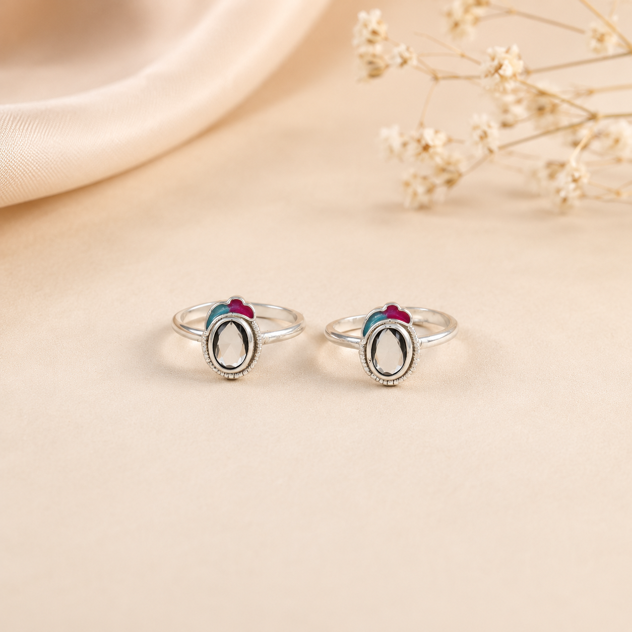 Oval Stone & Enamel Silver Toe Rings