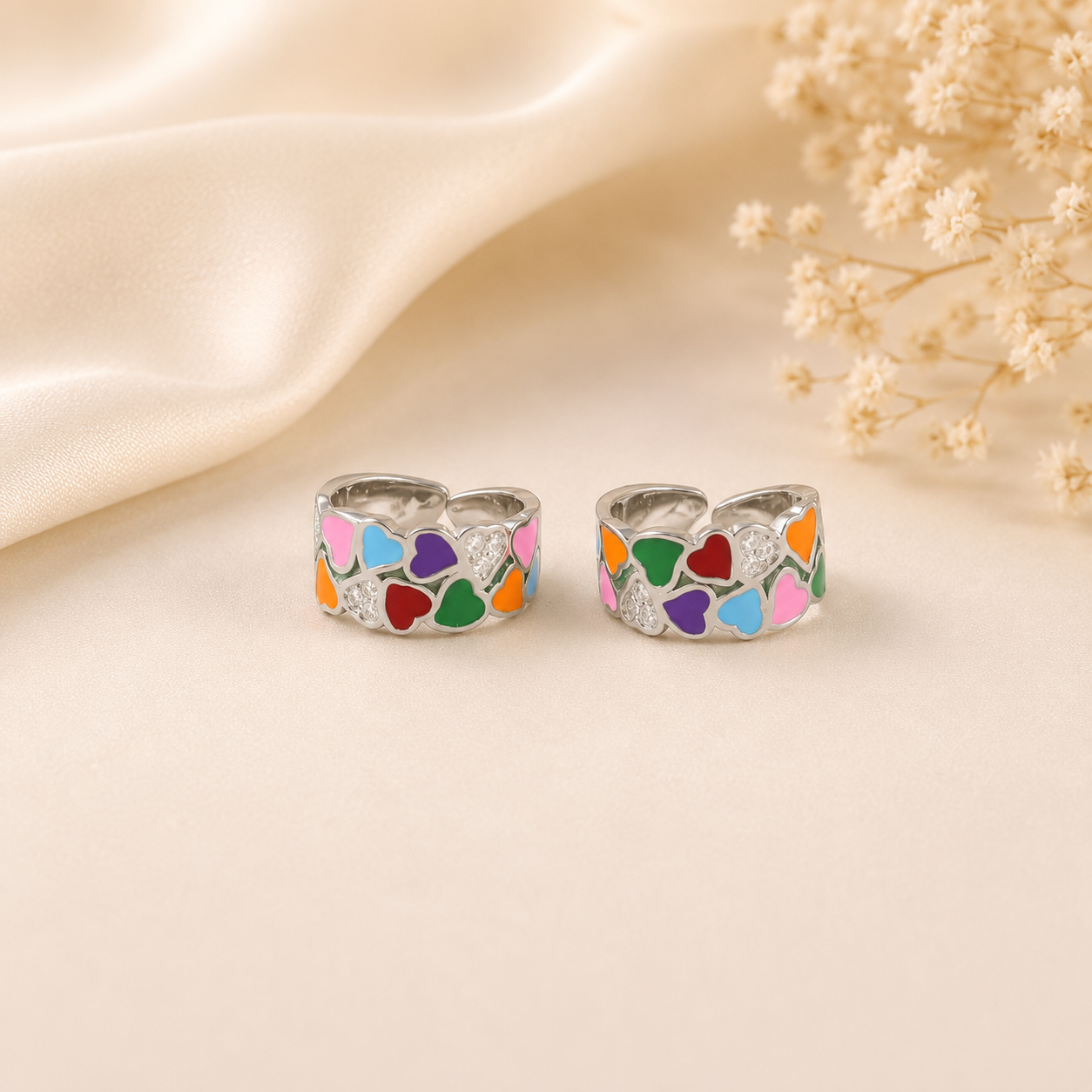 Rainbow Hearts Silver Toe Rings