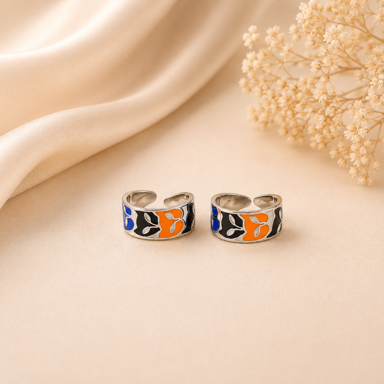 Blue & Orange Enamel Floral Silver Toe Rings