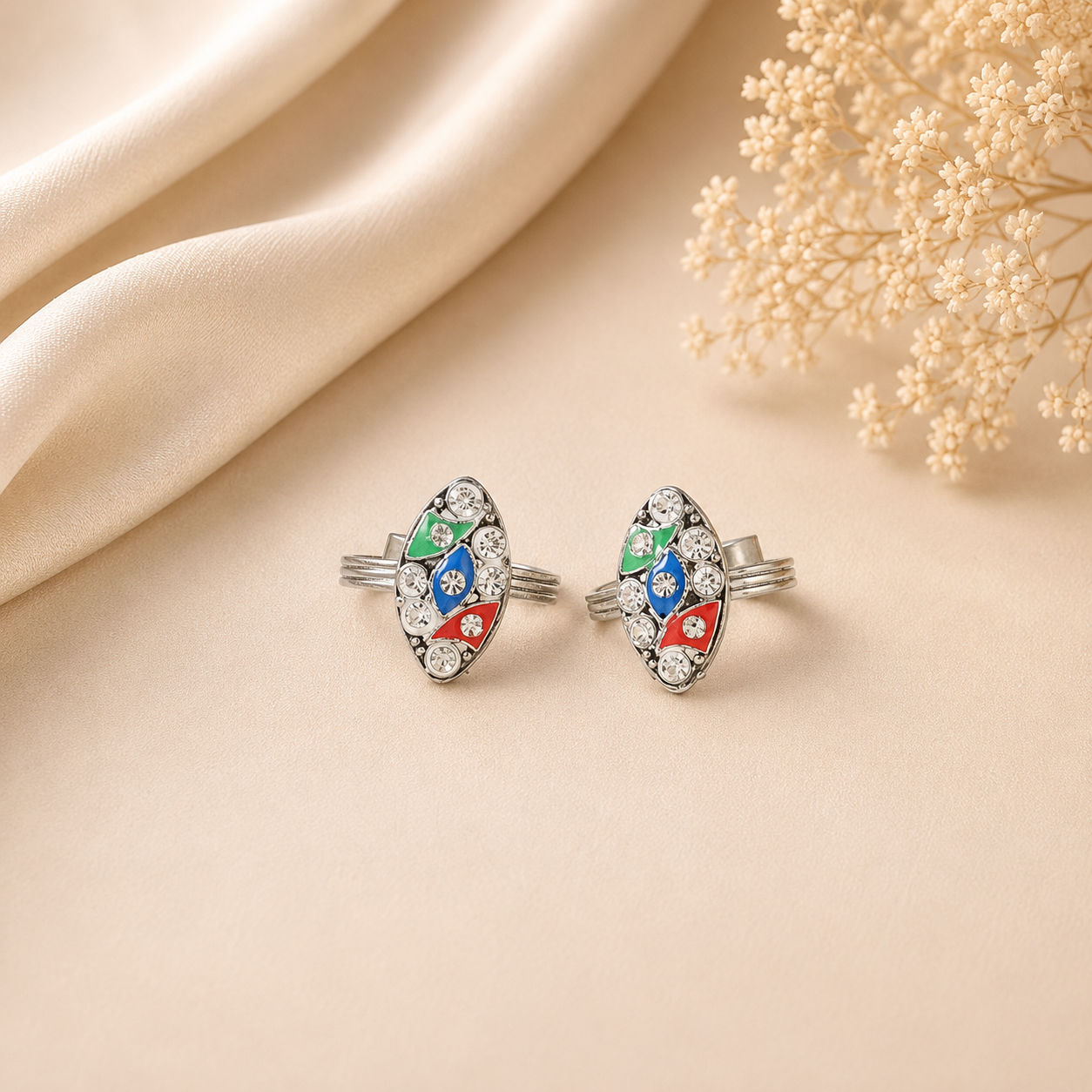 Multicolor CZ Designer Silver Toe Rings