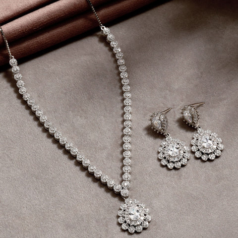 Eshni Floral Halo Design Silver Necklace Set