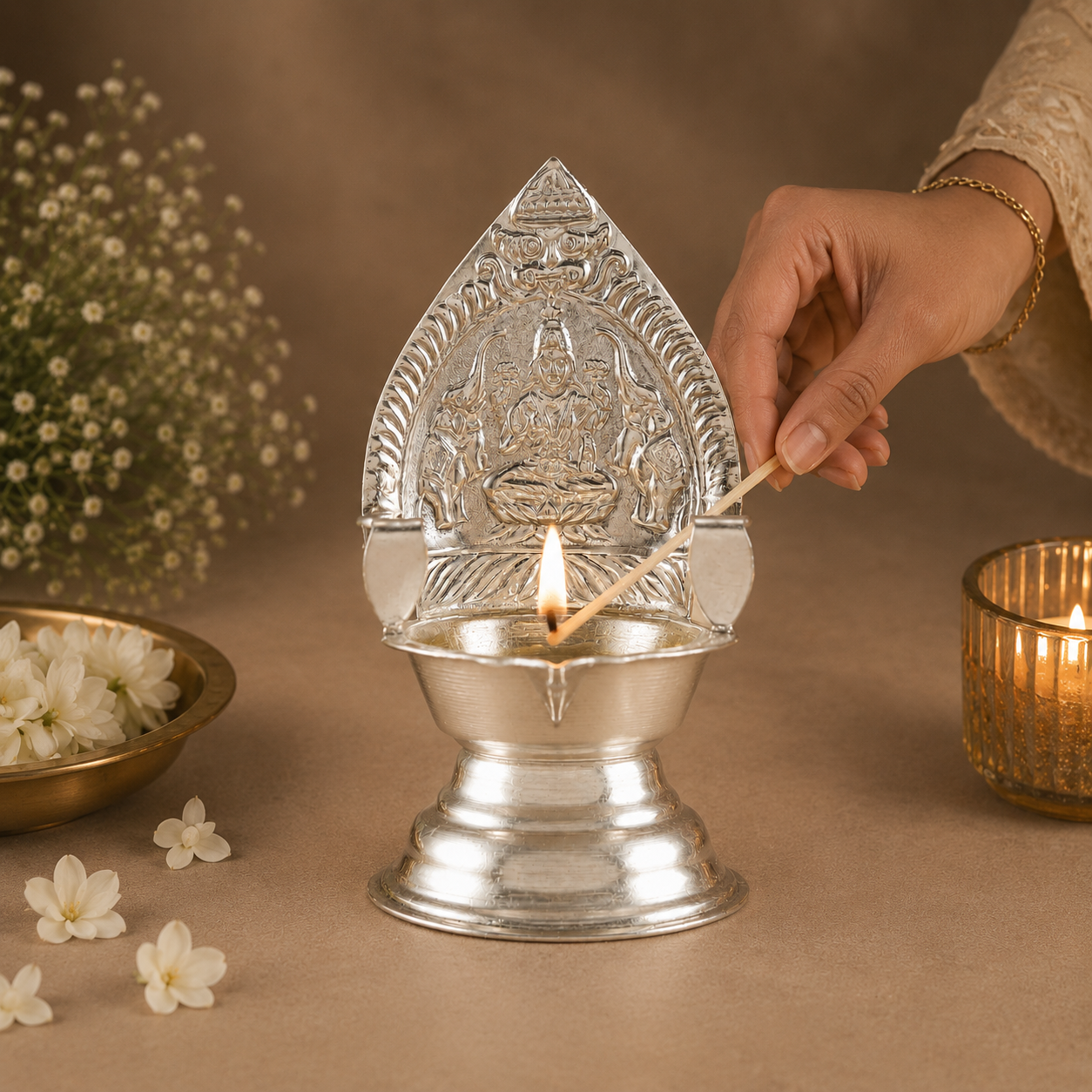 Shivanya Silver Deity Motif Designer Diya
