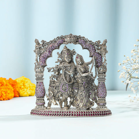 Divine Radha-Krishna Ornate Silver Idol
