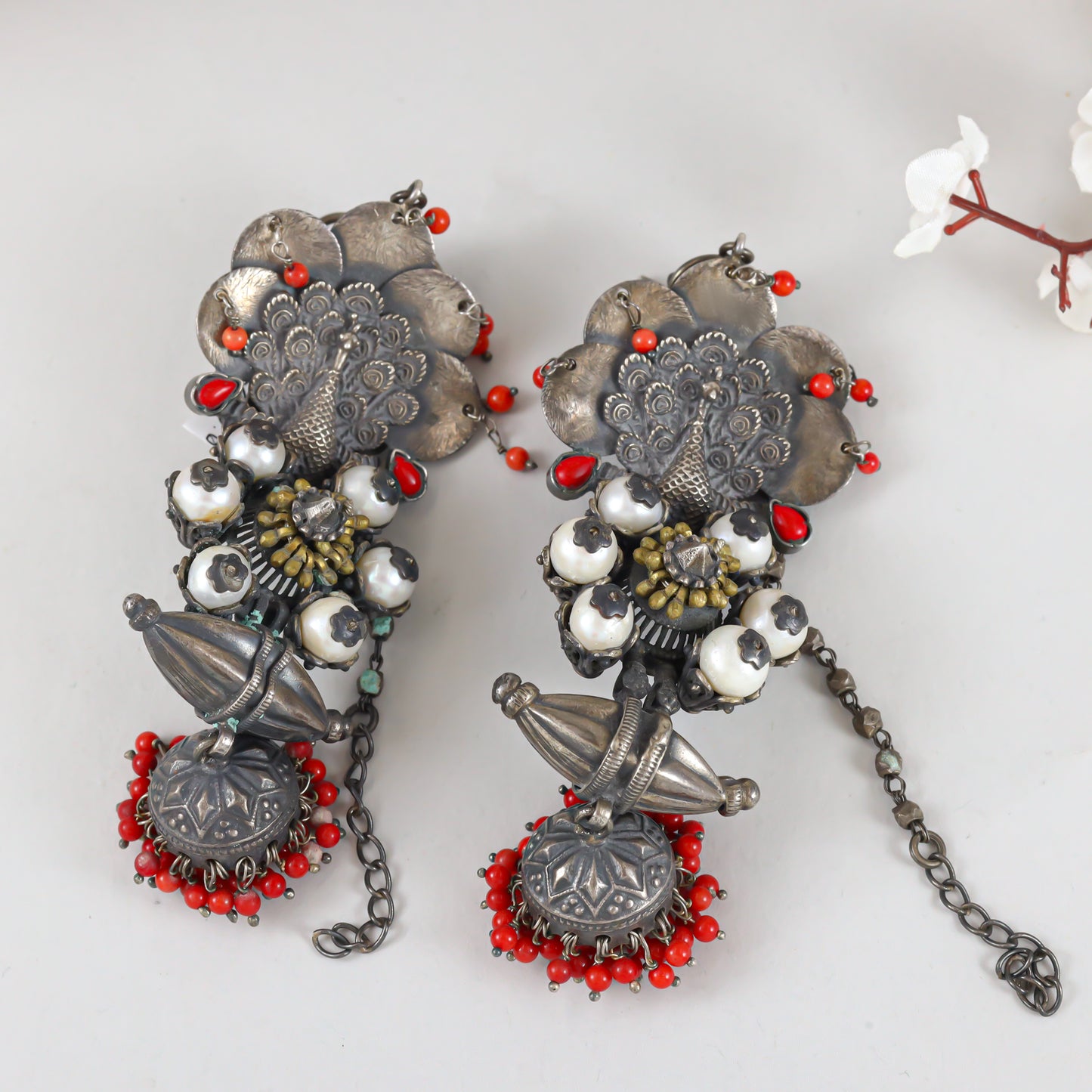 Shiya Red Silver Earrings with Peacock Motif