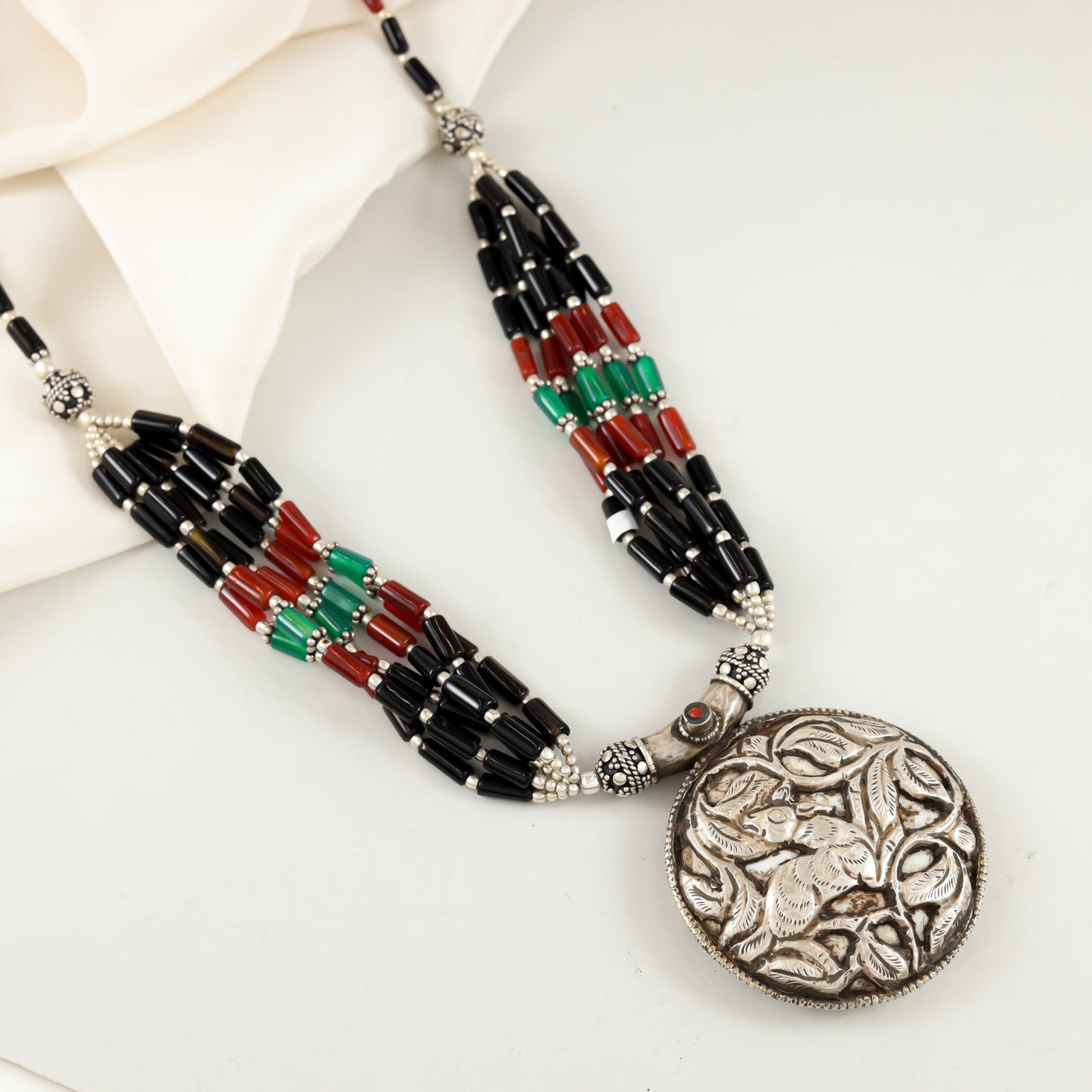 Black Red & Green Beaded Tribal Silver Necklace