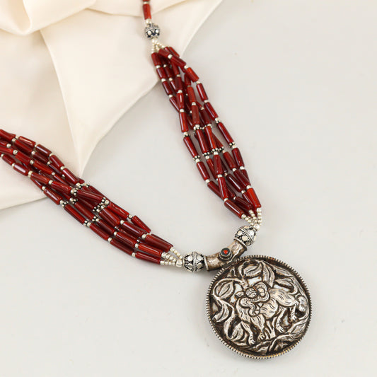 Red Beaded Tribal Silver Necklace