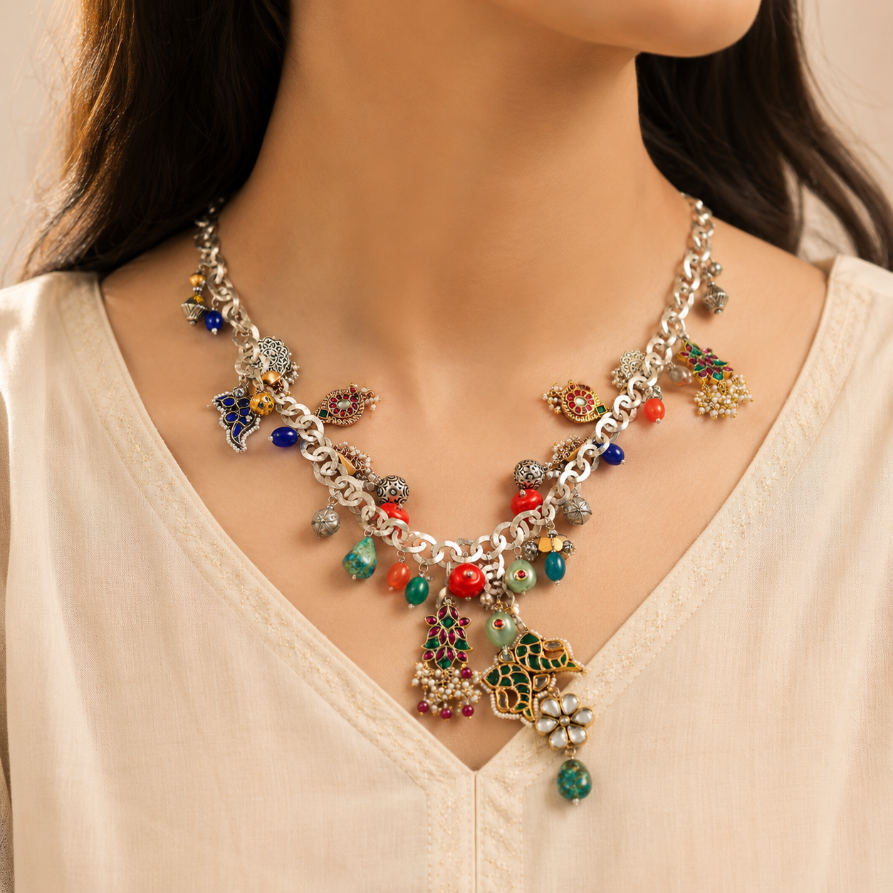 Lavanya Colorful Design Silver Necklace