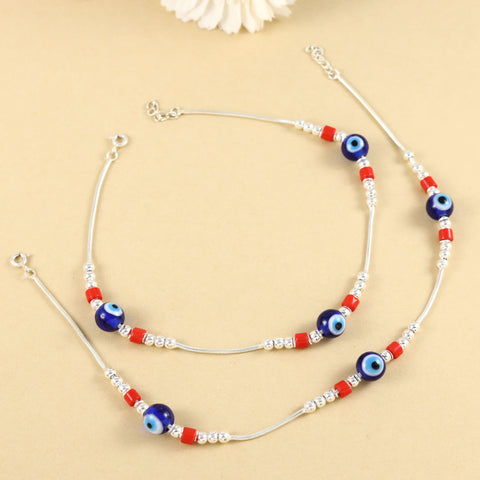 Aarna Silver Anklets With Blue Evil Eye Beads