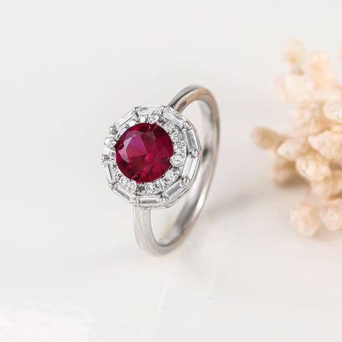 Lavanya Elegant Ruby Halo Ring Cz Silver Ring