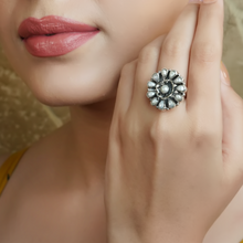 Ishani White Pearl Floral Design Silver Ring