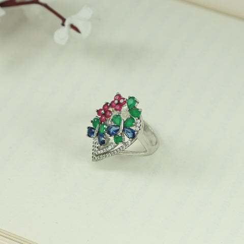 Kyra Floral Multicolor Stone Silver Cz Ring