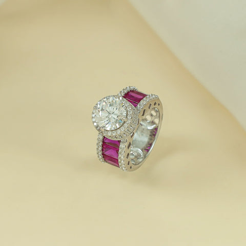 Charvi Crimson Sparkle Pink Stone Silver Cz Ring