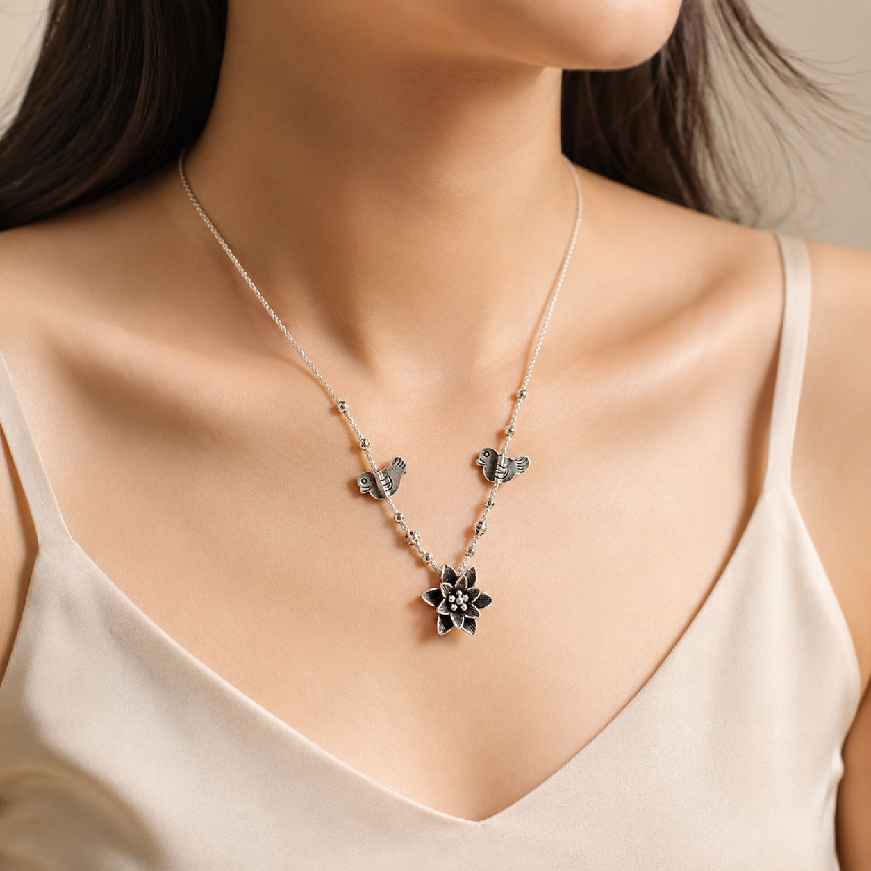 Gauri Floral Silver Necklace