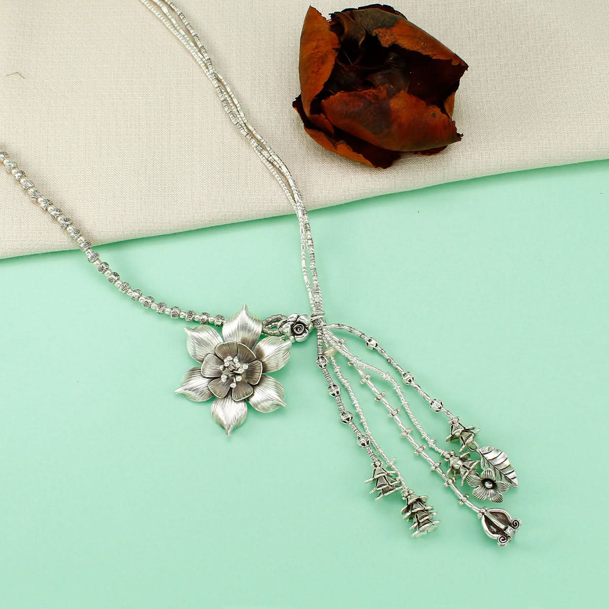 Tara Floral Silver Necklace With Delicate Charms