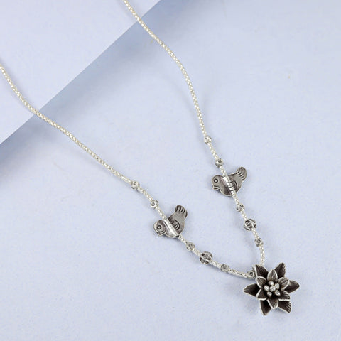 Graceful Silver Necklace With Birds And Floral Charm