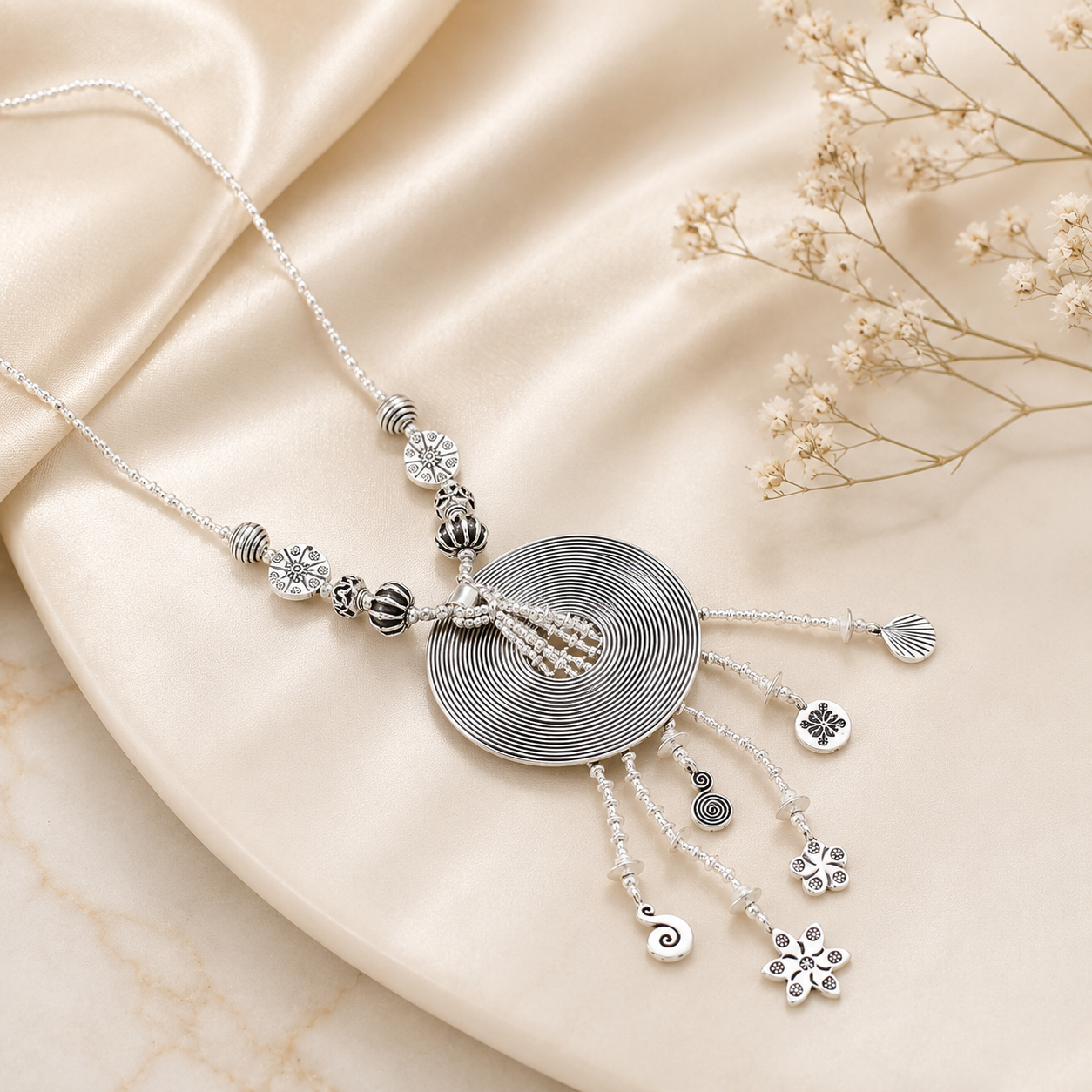 Diya Elegant Silver Artistry Necklace With Intricate