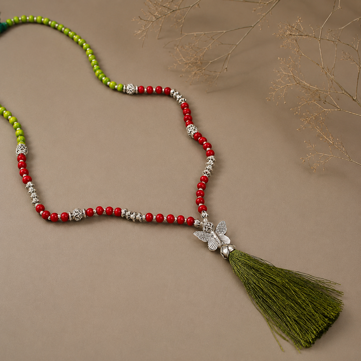 Ziya Colorful Beads Silver Charm Silk Tassel Necklace