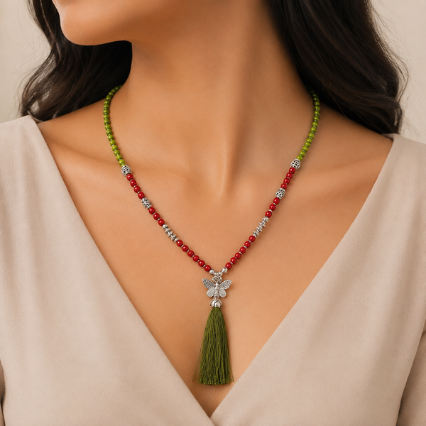 Ziya Colorful Beads Silver Charm Silk Tassel Necklace