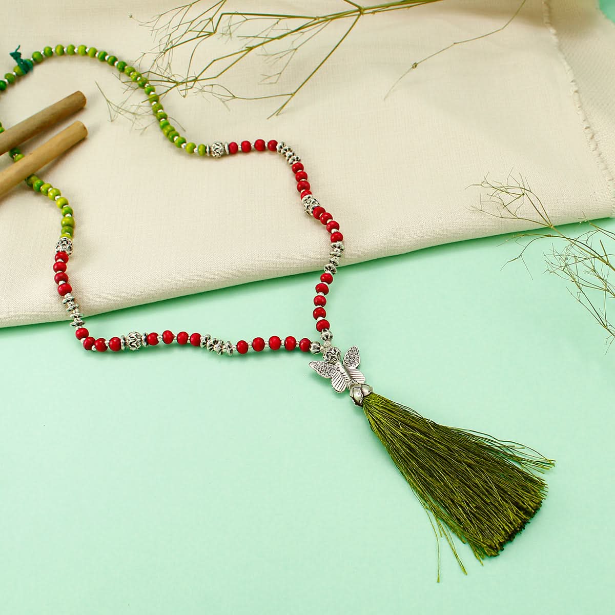 Ziya Colorful Beads Silver Charm Silk Tassel Necklace