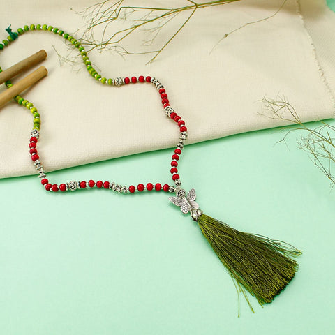 Ziya Colorful Beads Silver Charm Silk Tassel Necklace