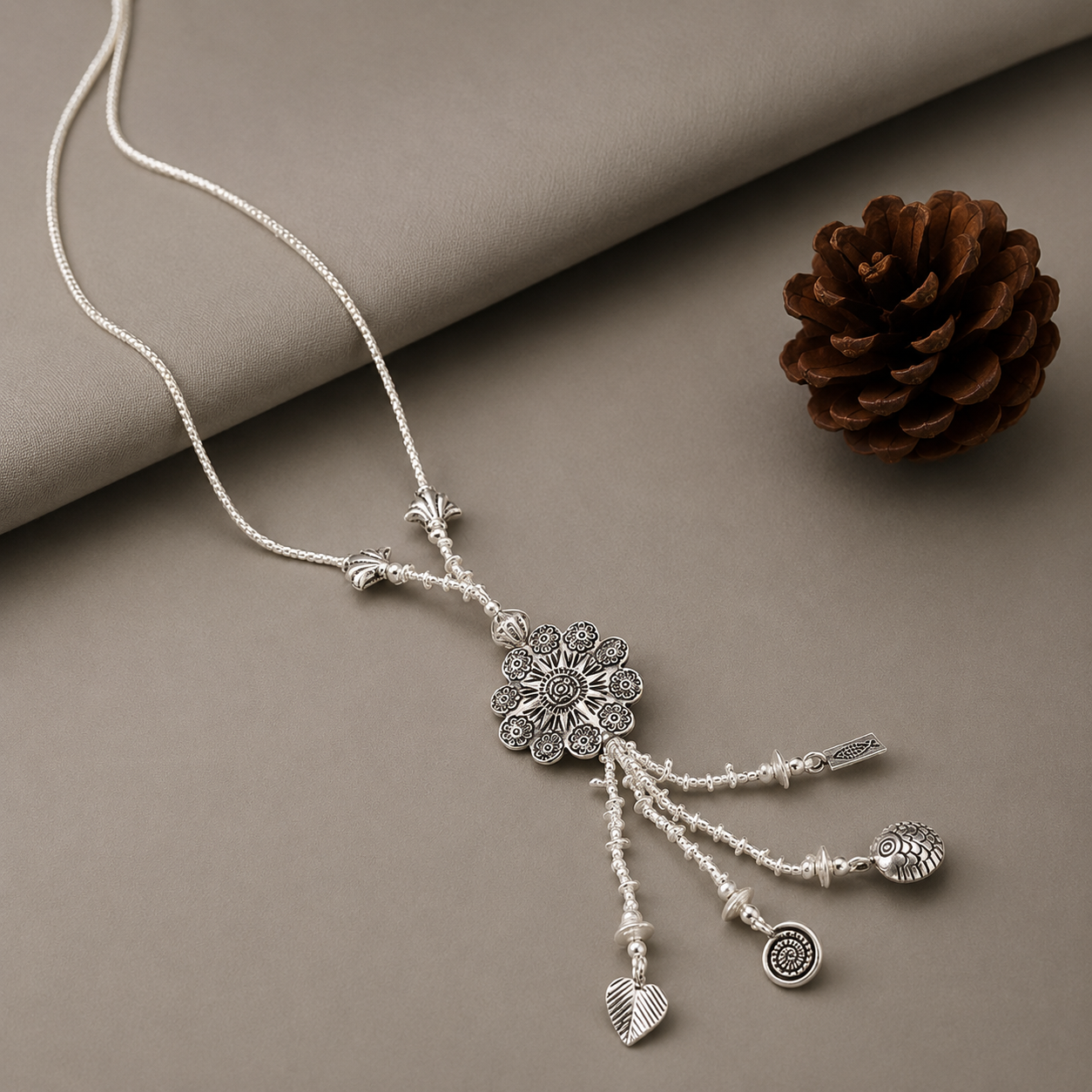 Aarohi Floral Silver Necklace Charms
