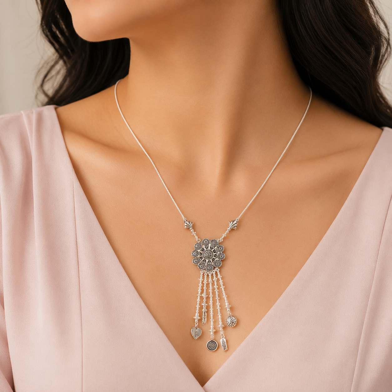 Aarohi Floral Silver Necklace Charms
