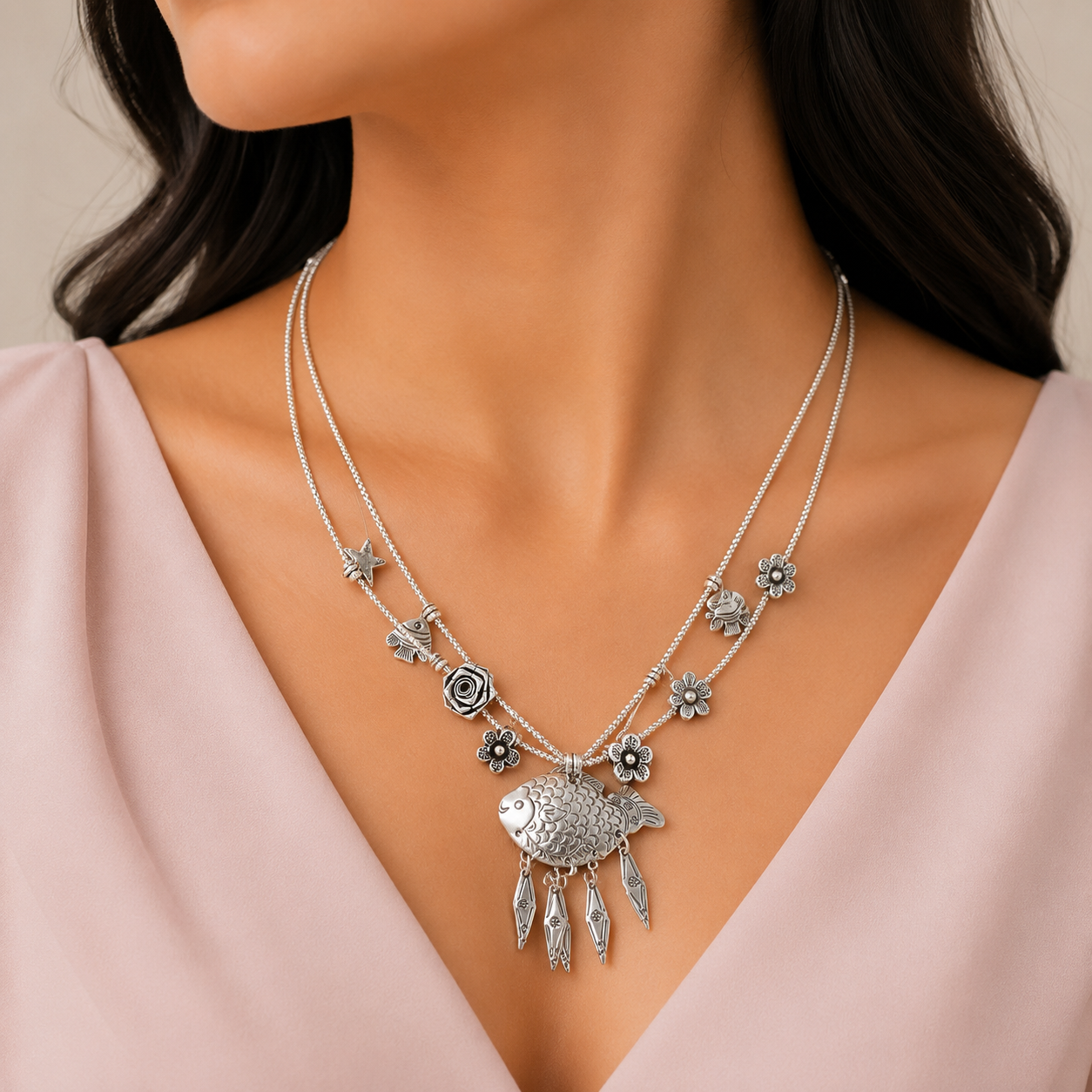 Ishita Double layered Silver Necklace