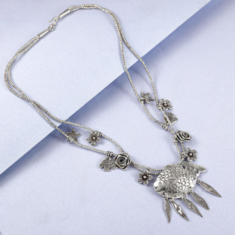 Ishita Double layered Silver Necklace With Fish Charm