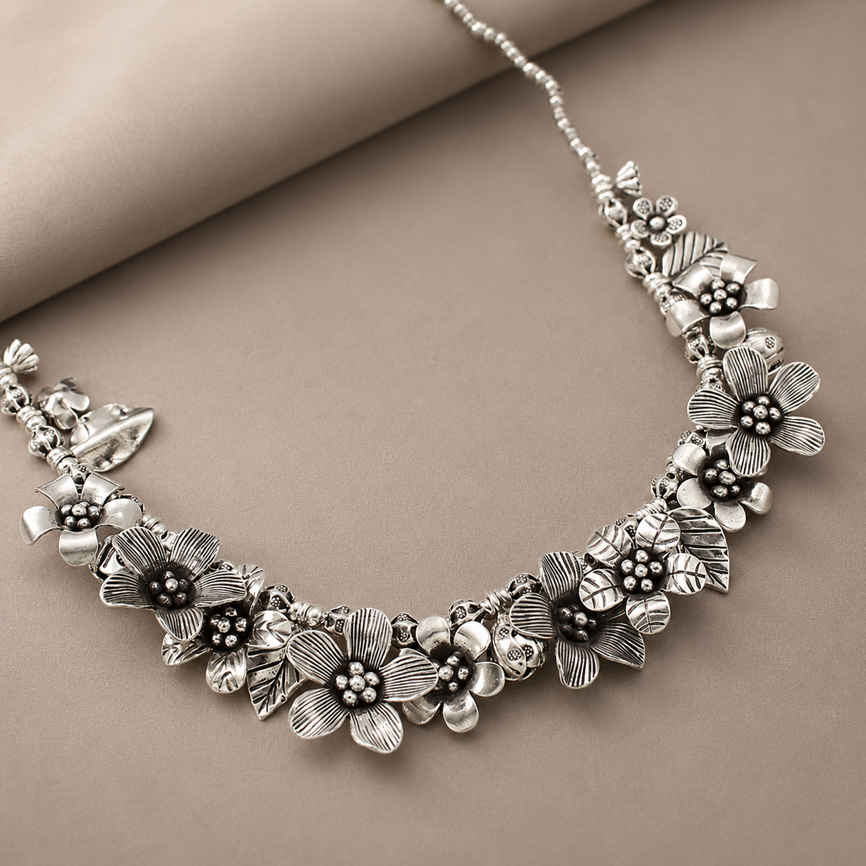 Kritika Bold Floral Motifs Silver Necklace