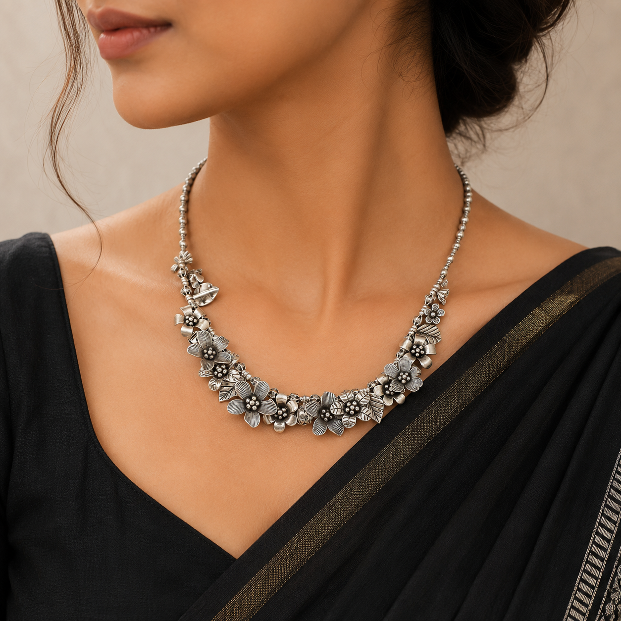 Kritika Bold Floral Motifs Silver Necklace