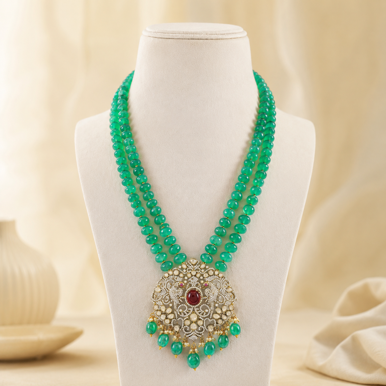 Rajwada Green Beads Silver Necklace