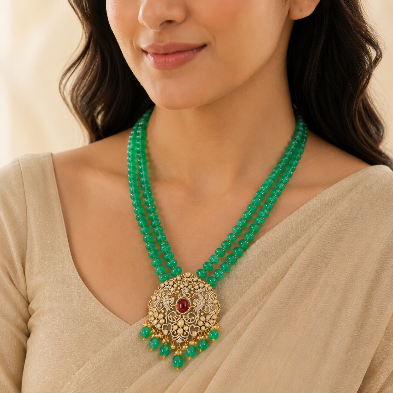 Rajwada Green Beads Silver Necklace