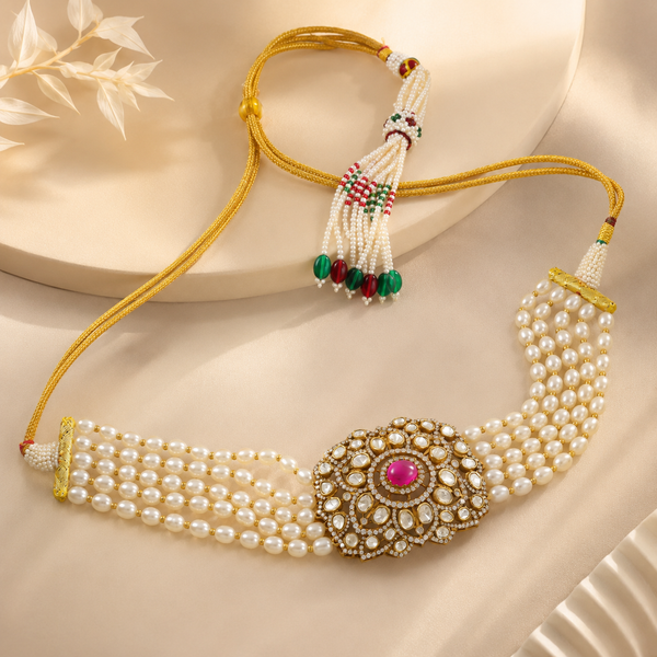 Ishita Golden Thread Pearl Silver Choker