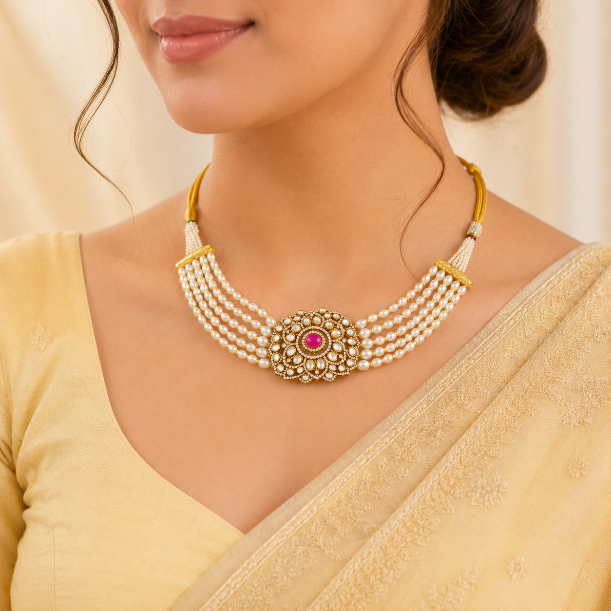 Ishita Golden Thread Pearl Silver Choker