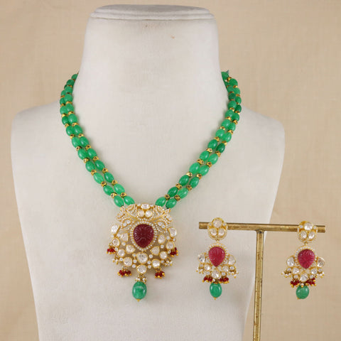Jadau Green Beads Silver Necklace Set