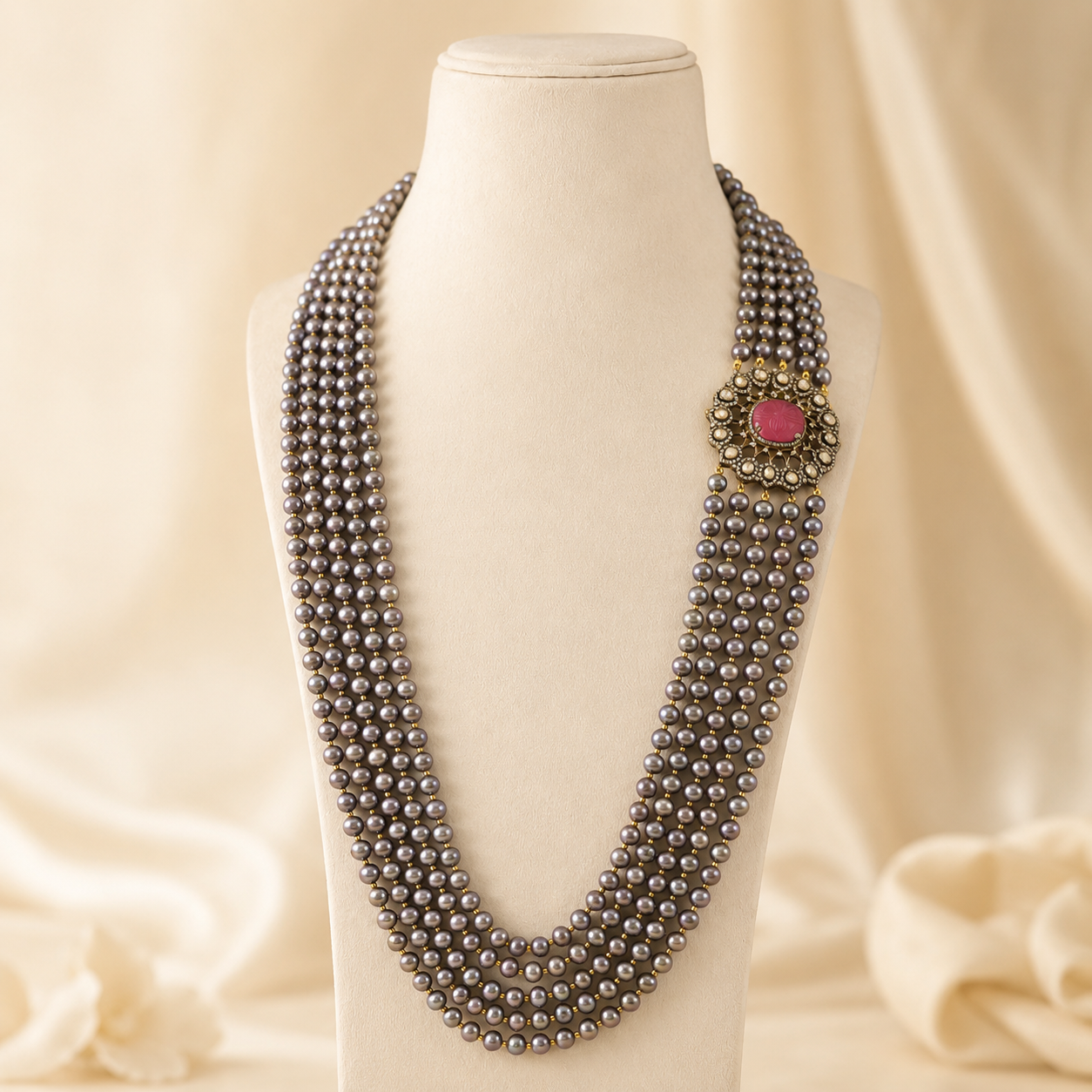 Regal Radiance Pearl Long Silver Necklace