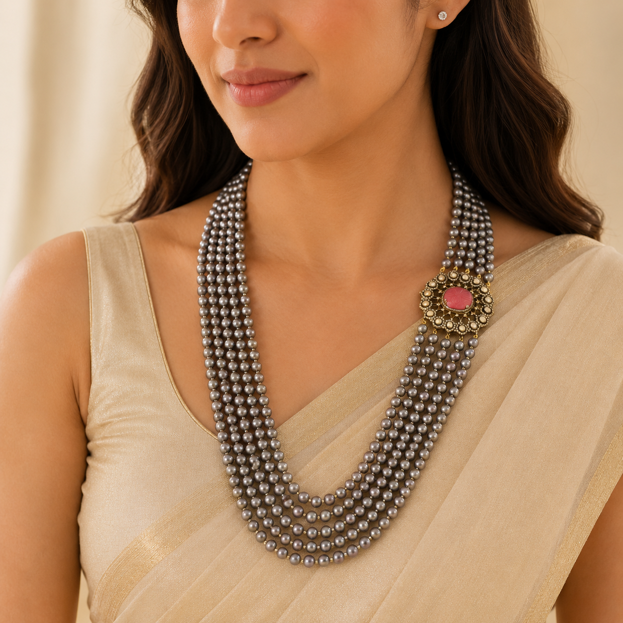 Regal Radiance Pearl Long Silver Necklace
