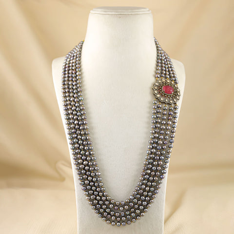 Regal Radiance Pearl Long Silver Necklace