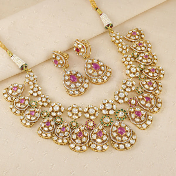 Floral White Kundan Pink Stone Silver Necklace Set